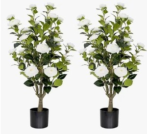 lot 13706 image: 2 Pcs Artificial Camellia Tree, 38in Artificial Tree Plants Outdoor Faux Plants in Pot, Artificial Flower for Outdoors Front Porch Decor, Greenery Faux Fake Tree Plant for Indoor Outdoor Home Decor
