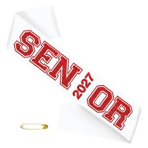 lot 12382 image: TxscOxwP1 White Senior 2027 Sash with Red Glitter Printing Letters