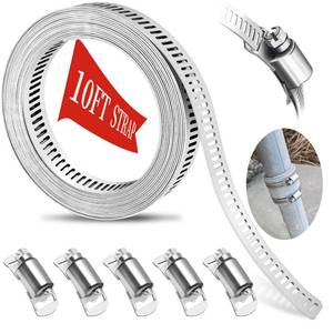 lot 12393 image: WSWECCL Hose Clamps 10FT Strap5 Fasteners,DIY Cut-To-Fit 304 Stainless Steel Adjustable Large Worm Gear Band Clamp Assortment Kit,Metal Screw Fasteners and Strapping for Pipe,Duct,Pole,Tube
