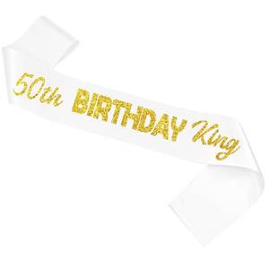 lot 12398 image: Ashaqshnglee 50th Birthday King Sash White with Gold Glitter Letter Birthday King Sashes for Men Boy Gifts Decorations Party Supplies