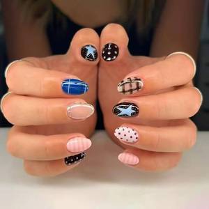 lot 12439 image: Short Oval Press on Nails, Multicolor Fake Nails with Star & Plaid & Polka Dot Design, Reusable Cute Stick on Nails for Women Manicure 24Pcs
