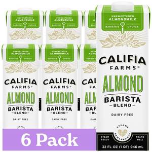 lot 19374 image: Califia Farms - Unsweetened Almond Barista Blend Almond Milk, 32 Oz (Pack Of 6), Shelf Stable, Dairy Free, Plant Based, Vegan, Gluten Free, Non GMO, Sugar Free, Milk Frother, Creamer