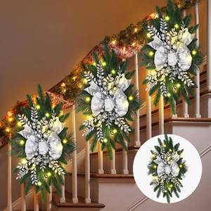 lot 19388 image: Hiboom 3 Pack Artificial Christmas Teardrop Swags 24 Xmas Cordless Prelit Stairway Swag Christmas Garland Stairs Rails Decoration with LED Lights for Indoor Outdoor(Silver,Classic Style)(2 ONLY)