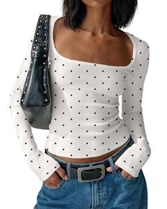 lot 20296 image: AKLOPVII Women Y2k Polka Dot Scoop Neck Long Sleeve Crop Tops-Cute Boho Slim Fit Jersey Tee Tshirt Aesthetic Fall Outfits White Medium