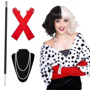 lot 20328 image: NatuBeau 6Pcs Halloween Costumes Woman, Dalmatian Costume Set with Dalmatian Shawl, Black and White Short Wig, Wig Cap Accessory, Red Gloves and Pearl Necklace for Halloween Carnival Cosplay (1 Size Fits Most)