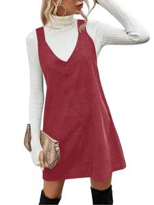 lot 20351 image: Koinshha Womens Corduroy Pinafore Dress Casual Loose Sleeveless V Neck Fall Overall Mini Dresses Medium