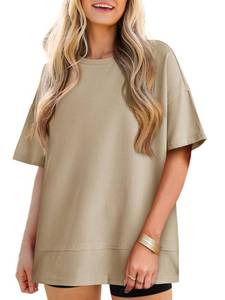 lot 20354 image: Tankaneo Womens Oversized Knit Tunic Tops Summer Casual Short Sleeve Round Neck T Shirt Loose Fit Side Split Waffle Tees Khaki Small