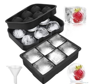 lot 12371 image: LessMo Ice Cube Trays Ice Ball Maker with Lids 2 Pack, Silicone Sphere Round Ice Mold & Large Square Ice Cube Molds Reusable & BPA Free for Freezer, Whiskey, Chilled Drinks, Black