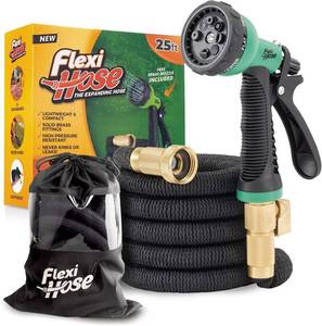 lot 1003 image: Flexi Hose Plus Expandable Garden Hose with 8 Function Nozzle, 25FT - Lightweight Retractable Garden Hose, Water Hose - No-Kink Flexibility, 34 Inch Solid Brass Fittings Includes Hook & Bag