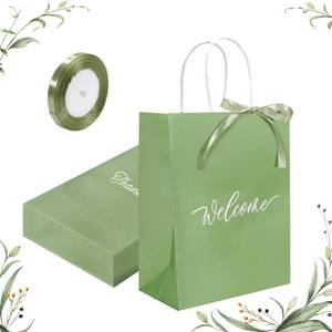 lot 1018 image: Zikoos 48 Pcs Welcome Bags for Wedding Guests Set with 1 Roll of Ribbon, 10.6 X 8.2 X 4.4 Inches Sage Green Thank You Gift Paper Bags with Handles for Wedding Favor, Hotel Guests, Party Supplies