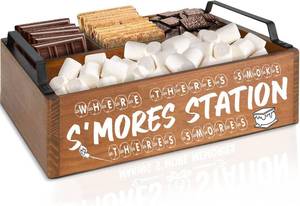 lot 1035 image: DEALZOOM Smores Station (Mini Brown 11x7x3) - Wooden Smores Caddy Holder with Handles - SMores Serving Tray for Kitchen - Smores Maker Box for Smores Kit Camping Decor - Smores Accessories Organizer