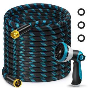 lot 1044 image: Svansea 100FT Garden Hose, Non-Expandable Flexible Fabric Water Hose with 10-Function Spray Nozzle, Kink-Free Lightweight Yard Hose with 34 Solid Brass Connectors for Lawn, Outdoor, RV & Marine Use
