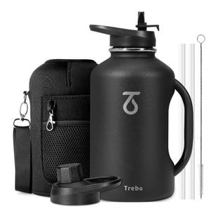lot 1055 image: Trebo Half Gallon 64oz Water Bottle with Handle,Double Wall Vacuum Insulated Large Water Jug,Stainless Steel Water Bottle Flask,Gym Water Bottles For Men with Straw Spout Lids Strap,Black