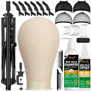 lot 1066 image: Wig Stand Tripod Metal Adjustable Mannequin Head Stand - Mannequin Wig Head with Mount Hole, Manikin Head for Wigs Making, Drying, Styling and Display - Wigs Shampoo & Milk Spray T Pins Hair Cap Set