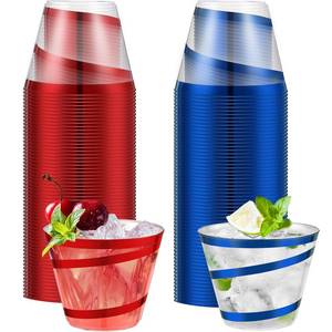 lot 1067 image: Gejoy 9 oz Rimmed Swirl Plastic Cups Disposable Wine Drinking Cups Clear Elegant Graduation Tumblers for Wedding Party Supplies(100 Pcs,Red, Blue)