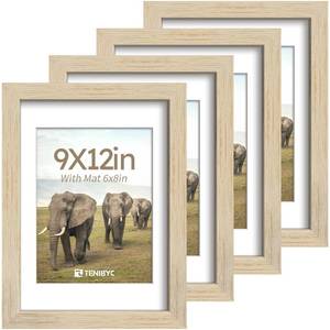 lot 1977 image: 9x12 Picture Frame Set - 4 Pack, Oak Solid Wood Photo Frames - Tempered Glass - Displays Photos 6x8 with Mat or 9 x 12 without - Room, Office, Gallery, Studio, and Hallway Decor - Wall Hanging