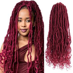 lot 2346 image: Niseyo Wild Locs 18 Inch Distressed New Faux Locs with Curly Ends 8 Packs Long Soft Pre-looped Goddess Crochet Hair (118#, Burgundy)