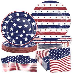 lot 2430 image: OuMuaMua 150 Pcs American Flag Patriotic Party Plates and Napkins, Blue Red Disposable Tableware Paper Set for Veterans Day Election Day 4th of July Independence Day Decorations, Serves 50