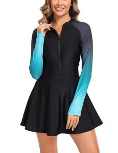 lot 2433 image: FAIRANCE Women Two Piece Rash Guard Sets UPF50 Swim Dress with Shorts Ombre Green 2XL