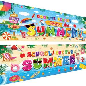lot 2440 image: Inisajace Schools out for Summer Party Banner Decorations, 2PCS Last Day of School Large Sign Supplies, Bye Bye School Hello Pool Backdrop Banner Decor for Indoor Outdoor, 39 X 14 Inch