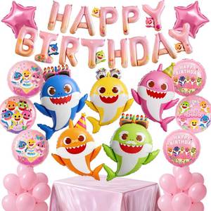 lot 2467 image: PartyWoo Baby Shark Family Foil Balloons 37pcs Baby Shark Family Pink Round Star Mylar Happy Birthday Letter Balloons for Boys and Girls Under the Sea Kids Birthday Party Decorations
