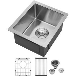 lot 3532 image: PEPO 13x15 Inch Black Undermount Bar Sink, 16 Gauge Stainless Steel Small Kitchen Sink with Bottom Grid with Strainer, RV Outdoor Wet Bar Prep Sink Coffee Bar Basin