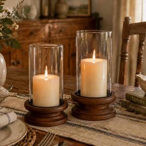 lot 3577 image: Hewory Hurricane Glass Candle Holder 2PCS Rustic Brown Candle Holders for Pillar Candles, Vintage Decorative Wood Stand with Clear Glass Cover for Weddings Christmas Table Centerpiece Home Decor