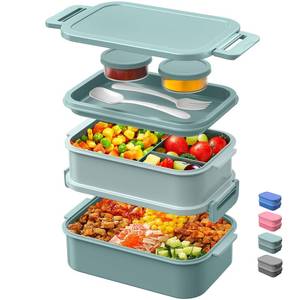lot 3580 image: DaCool Lunch Box Adults Bento Box 74 OZ All-in-One Stackable Lunch Box Containers for Adult Large Bento Box with Fork Spoon Sauce Boxes, Leakproof Lunchbox for Work School Dining Out, Morandi-Green