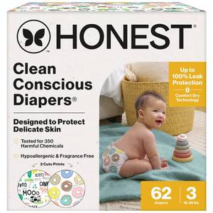 lot 3584 image: The Honest Company Comfort Dry Disposable Daytime Diapers for Sensitive Skin, Hypoallergenic, Fragrance-Free, Barnyard Babies  Donut Grow Up, Club Box, Size 3 (16-28 lbs), 62 Count