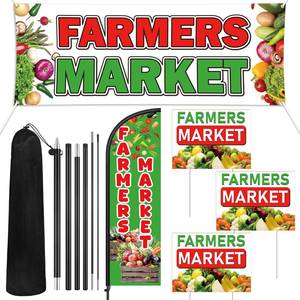 lot 3594 image: Hahafelt 5 Pcs Farmers Market Stand Decor Kit Swooper Feather Flag with Pole Yard Sign and Banner for Outside Advertising Business Lawn Outdoor Decorations