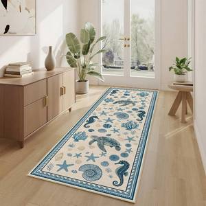 lot 3599 image: Coastal Nautical 2x6 Runner Rug for Hallway Kitchen Bedroom Sea Turtle Starfish Seashell Ocean Rug Machine Washable Non Slip Low Pile Runner Rugs Long Floor Mat Carpet for Bathroom Laundry,Blue