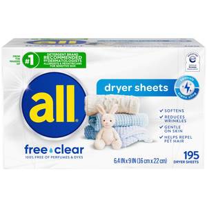 lot 3601 image: all free clear Fabric Softener Dryer Sheets for Sensitive Skin, 195 Count, Hypoallergenic, Unscented, Dye Free, Controls Static Cling, Reduces Wrinkles, Dermatologist Tested, HE Safe