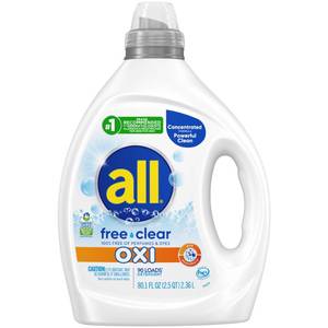 lot 3602 image: all Liquid Laundry Detergent, Free Clear for Sensitive Skin with OXI, Unscented and Hypoallergenic, 2X Concentrated, 90 Loads