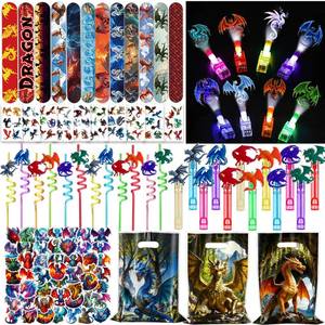 lot 4314 image: Fybnqlira 194PCS Dragon Party Set , Dragon Birthday Party Decorations with 12 Gift Bags, Bubble Wands, Straws, Slap Bracelets, Finger Lights, Temporary Tattoos, Stickers, Dragon Party Supplies