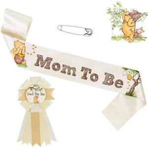 lot 4317 image: Vintage Winnie Baby Shower Decorations Mom to Be Sash Dad to Be Pin Set Neutral Gender Reveal Decor Pooh Party Packs