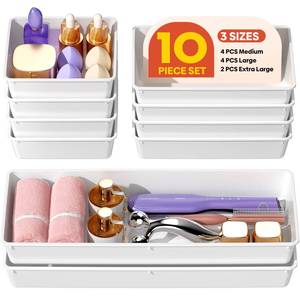 lot 4328 image: MLIKLU 10 Pack Large Size Plastic Drawer Organizers Set, 3 Sizes Desk Drawer Organizer Trays, Storage Bins for Vanity, Makeup, Bathroom, Kitchen Utensils and Office (White)