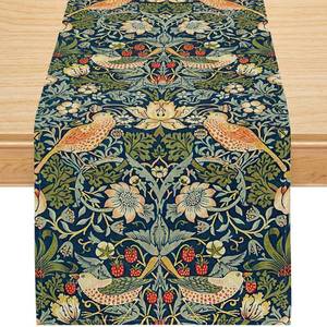 lot 4348 image: Vintage Morris Style Bird and Floral Table Runner 13x90 Inch, Botanical Linen Table Runner with Strawberry Motif, Victorian Style Rustic Dining Table Decor for 6-8 Seat Table, Washable