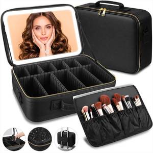 lot 5547 image: saiggnyy 15�11Professional Makeup Train Case,Large Waterproof Travel Makeup bag with Mirror and Light, Leather Black Make up Bag with Mirror and Light,Led Makeup Case with Adjustable Dividers