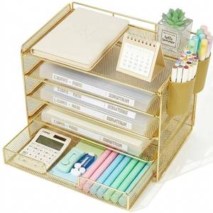 lot 5550 image: LEKETREE Desk Organizers and Accessories, 5-Tier Paper Letter Tray Organizer with Drawer & 2 Pen Holders, Desktop Organizer for Office Supplies (Gold)
