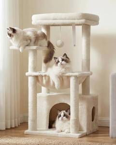 lot 5559 image: Heybly Cat Tree, Kitten Tower with Large Soft Cat Basket,Cat Condo with Spacious Cat Bed Cave with Hidden Space��Sisal-Covered Scratching Posts,Dangling Ball for Indoor Cats, Beige HCT008SM