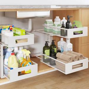 lot 5560 image: Under Sink Organizer, 2-Tier Dual Pull Out Cabinet Organizer Drawers With Smooth Circular Rail, Large Capacity Metal Mesh Sliding Shelves For Bathroom& Kitchen Storage,Height Adjustable��White,2 Packs