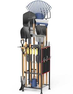 lot 5563 image: Lovind Garden Tool Organizer,Metal Yard Tool Organizer ,Holds 50 Long-Handled ToolsRakesBrooms,Side Garden Pocket ,Heavy Duty Steel Yard Tool Storage Rack for Garage,Shed, Outdoor