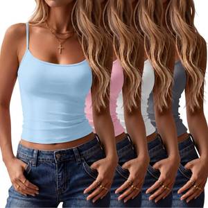 lot 6285 image: Ficerd 4 Pack Womens Camisole Tank Tops Adjustable Spaghetti Strap Crop Sleeveless Tees Scoop Neck Slim Fitted Summer Shirts(Small,Gary, White, Light Pink, Light Blue) size S