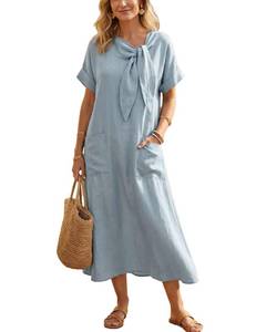 lot 6286 image: HangNiFang Women Summer Tie Neck Maxi Dress Short Sleeve Bow Tie Front Long Dress with Pockets(1303-Blue-XL)
