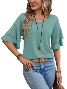 lot 6289 image: Sialois Womens 34 Bell Sleeve Tops Dressy Casual Elbow Ruffle Shirt Peasant Blouses V Neck Half Bell Tee Fashion Elegant Tunic Summer Spring Fall Outfits Beach Vacation Clothes 2026,Coral Pink,M