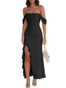 lot 6291 image: Caracilia Womens Summer Off The Shoulder Formal Bodycon Maxi Dresses High Slit Ruffle Hem Mesh Wedding Guest Cocktail Dress Black Small