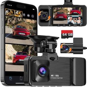 lot 6300 image: WECOOL 4K UHD 3 Channel Dash Cam Front and Rear Inside, Free 64GB Card Included, 360° Wide-Angle Full-View Dash Camera for Cars with Night Vision, 24H Parking Mode, G-Sensor, Loop Recording, 5GHz WiFi