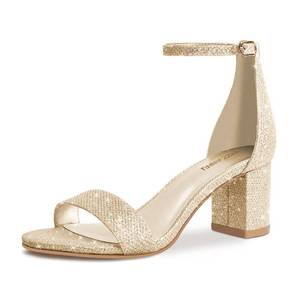 lot 6306 image: PIZZ ANNU Womens Low Block Heels 2 Inch Sandals Chunky Open Toe Ankle Strap Wedding Dress Pump Shoes For Women Brides Ladies, Gold Glitter size 8