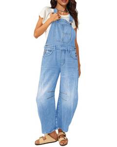 lot 6311 image: MAOECO Barrel Overalls for Women Denim Jumpsuits Bib Casual Loose Baggy Jeans Pants Adjustable Strap Wide Leg Romper with Pockets Light Blue size S