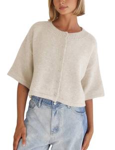 lot 6317 image: Springrain Cardigan Sweaters for Women Lightweight Knit Cropped Cardigan Button Up Solid Knitwear(Beige-M)